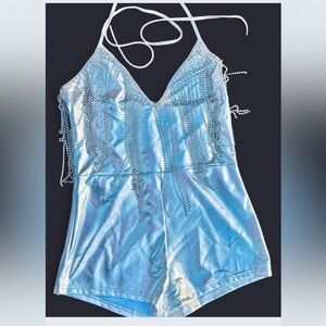 NWT CLUB EXX BY DOLLSKILL Metallic Silver Shiny Romper w/Rhinestone Fringe LRG